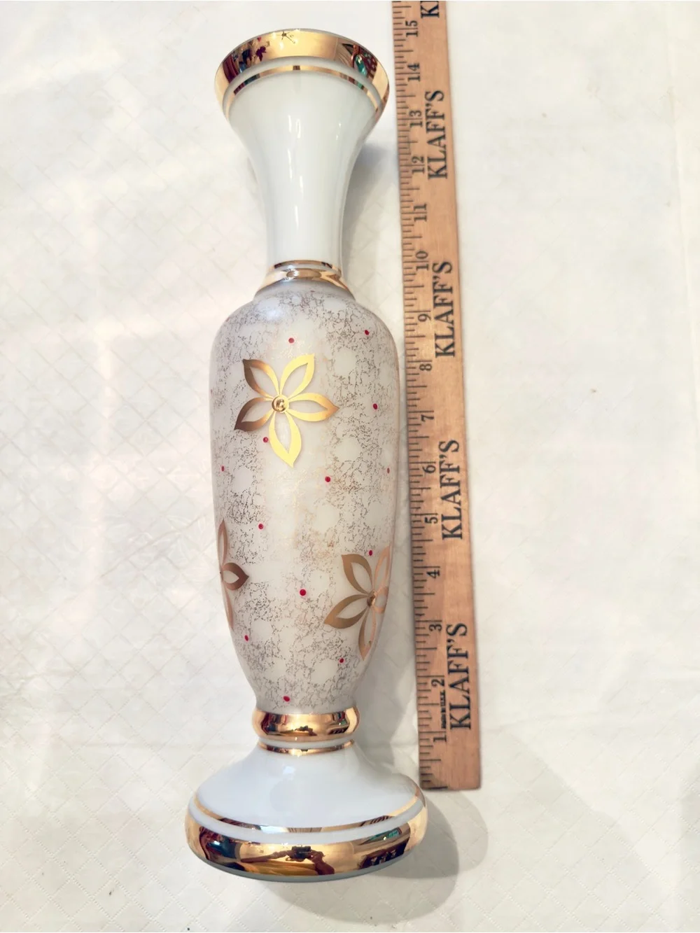 White opaline/milk glass gilded (gold) flower speckled gold stippling red dots